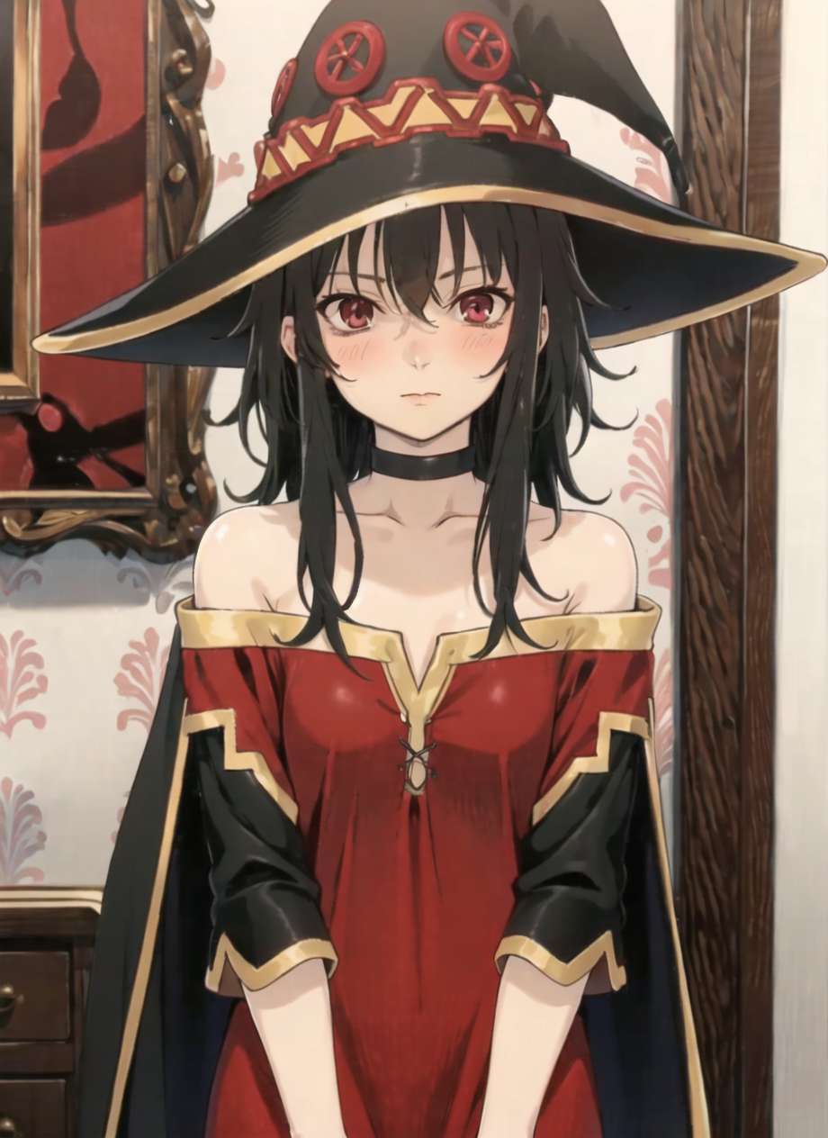 3978521689-471778447-puparia style, anime screencap, 1990s__(style_), megumin, 1girl, bare shoulders, black cape, black gloves, black hair, blush, ca.png